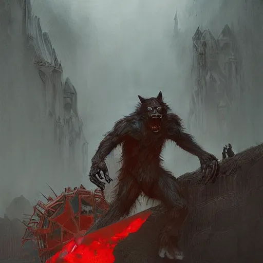 Image similar to A werewolf and a preacher in black with a short haircut and widows peak driving a small red bulldozer, marvel, dark, intricate, highly detailed, smooth, artstation, digital illustration by Ruan Jia and Mandy Jurgens and Artgerm and Wayne Barlowe and Greg Rutkowski and Zdislav Beksinski