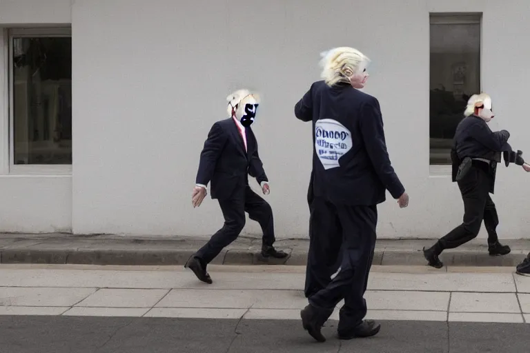 Image similar to bank robbers running out of white bank wearing trump masks by Emmanuel Lubezki