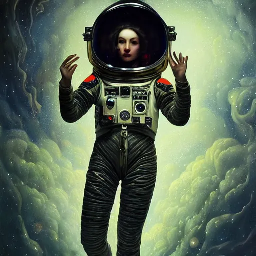 Image similar to highly detailed oil painting | very intricate | cinematic lighting | award - winning | astronaut space fashion by alexander mcqueen | by roberto ferri, by tom bagshaw, by j. c. j leyendecker and klimt, american romanticism, by austin osman spare, artstation, cgsociety, official art, octane