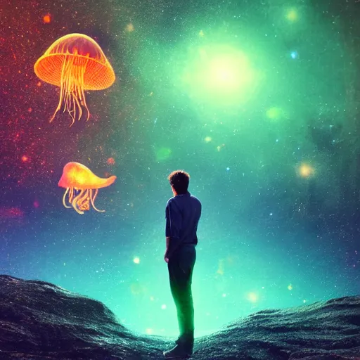 Image similar to over the shoulder photo of a man watching a magic glowing jellyfish in glowing cosmic stardust, colorful stars, galaxies, space, award winning photo, intricate, high detail, atmospheric, desolate, artstation