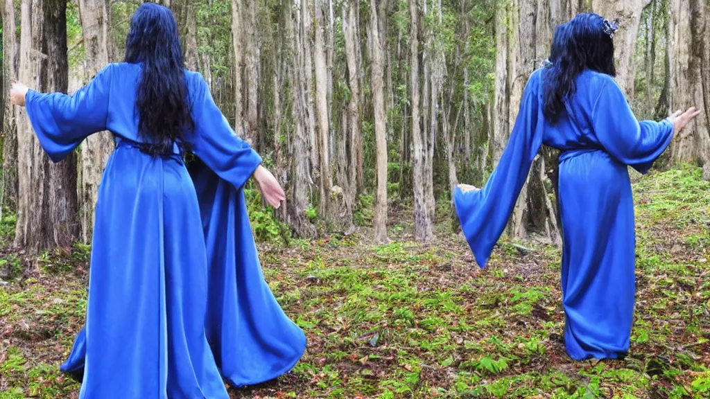 Image similar to beautiful sorceress, blue silky robe, long shot, mystical forest, in the style of davegore