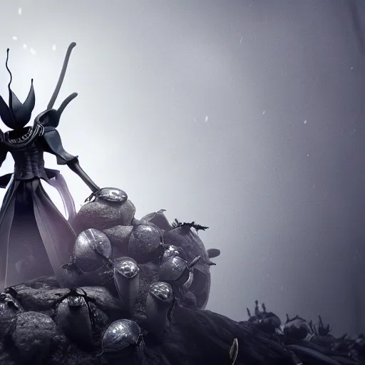 Prompt: Hollow knight standing on corpses , octane render , hyperdetailed