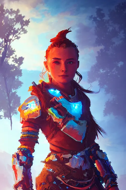 Image similar to combination suit armor aloy horizon forbidden west horizon zero dawn radiating a glowing aura global illumination ray tracing hdr fanart arstation by ian pesty and alena aenami artworks in 4 k tribal robot ninja mask helmet backpack