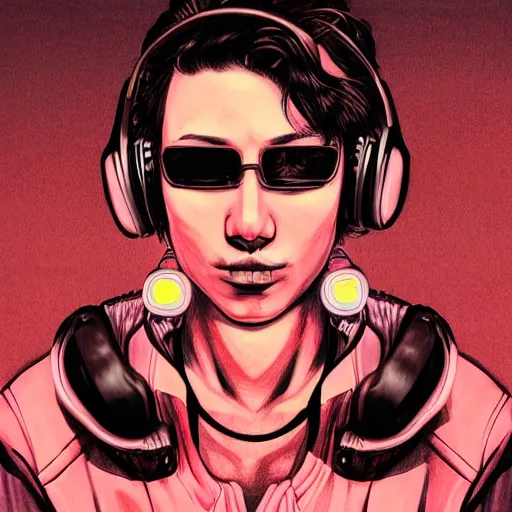 Image similar to a drawing of a person with headphones on, cyberpunk art by Hirohiko Araki, behance, funk art, synthwave, darksynth, official art