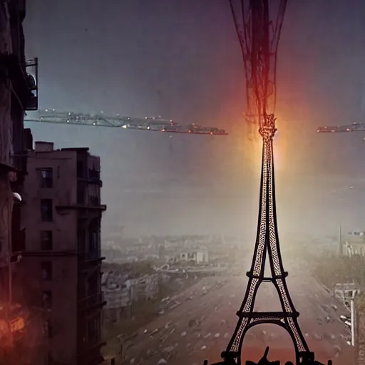 Image similar to A beautiful intricate 8K award-winning ground-level cinematic movie photograph of the future apocalyptic Eiffel Tower surrounded by corporate billboards, destroyed and decaying. in the year 2043, by Bruno Delbonnel and greg rutkowski. Arri Alexa 65, IMAX 70mm footage. Dirty billboards. Cinematic lighting