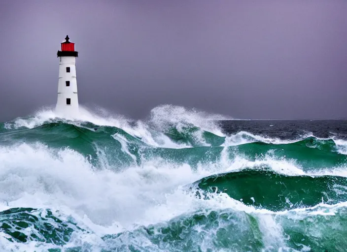 Prompt: lighthouse in a storm. lonely, churning waves, splashing on lighthouse. warm lighting