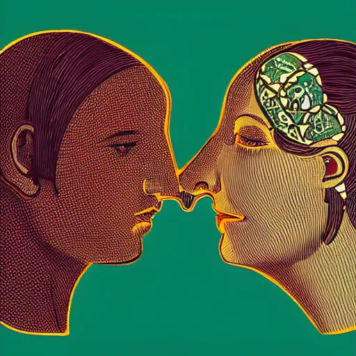 Prompt: perfectly centered symmetrical split male and female portrait of man and woman in love sharing one heart. illustration, highly detailed, simple, no jagged lines, smooth, artstation, wacom artwork by ravi zupa