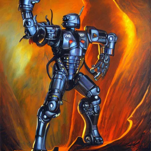 Prompt: robocop fighting demons in the underworld by jeff smith and julie bell, oil painting