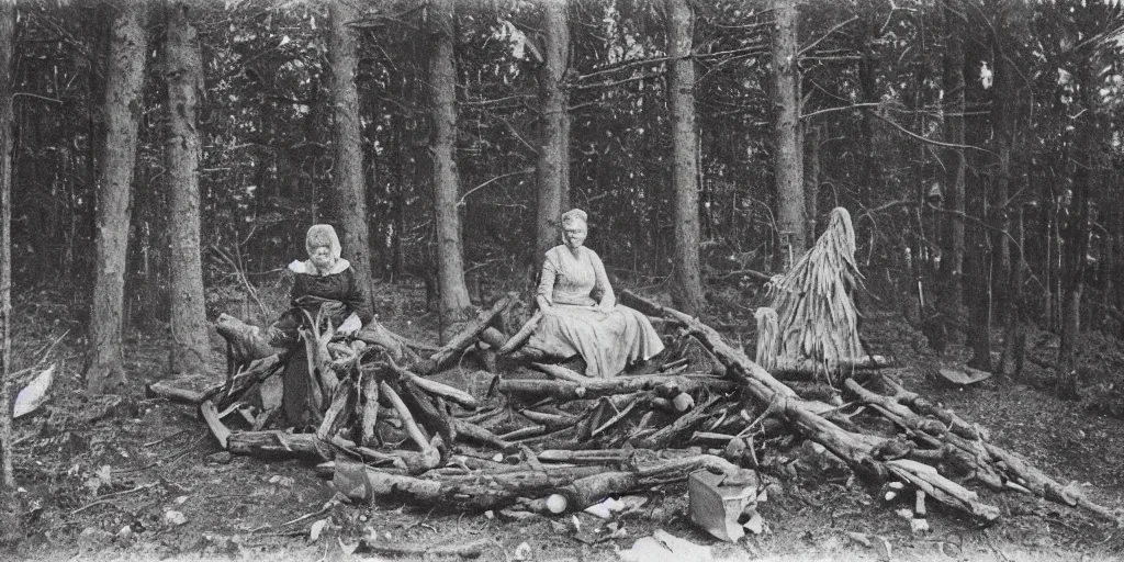 Prompt: Old witch next to campfire preparing ritual in an ominous forest, 1900s photography