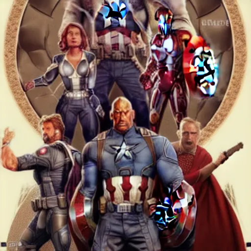 Prompt: A group photo of the Avengers but it's all Dwayne Johnson, western, cinematic shots, fantasy, intricate, elegant, highly detailed, digital painting, artstation, concept art, matte, sharp focus, illustration, art by Artgerm and Greg Rutkowski and Alphonse Mucha