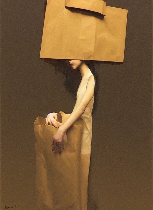 Image similar to woman in paper bag over the head and a sward Edward Hopper and James Gilleard, Zdzislaw Beksinski, highly detailed