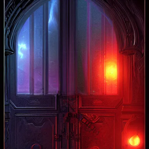 Image similar to the neons. 8 k resolution digital digital art by john brom trending on artstation an ominous black a door to forever, 8 k resolution matte art by johfra bosschart and quoting by john har