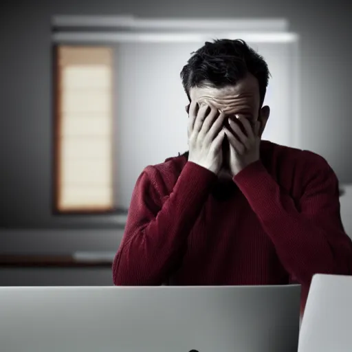Prompt: A photo of a scared man in front of a computer, realistic, stock photo