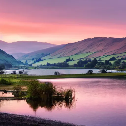 Prompt: sunset at the Lake District