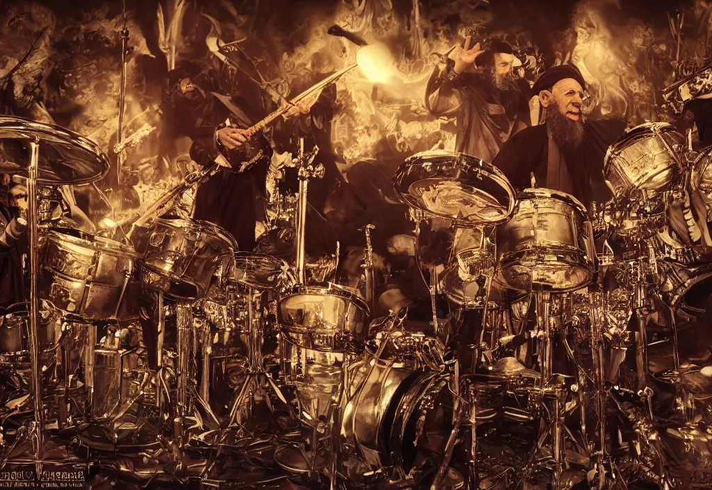 Image similar to khamenei playing drums in heavy metal band in hell, high definition, trending on artstation, unreal engine, photorealistic, high resolution,, trending on deviantart, hdr, hyper detailed, insane details, intricate, elite, ornate, elegant, luxury, dramatic lighting