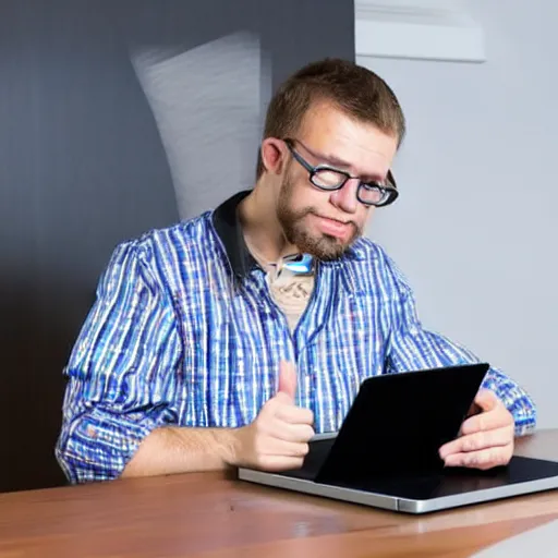 Prompt: cartoon man sitting at a desk with a laptop giving a thumbs up, computer graphics by karl ballmer, pexels, net art, stockphoto, behance hd, stock photo