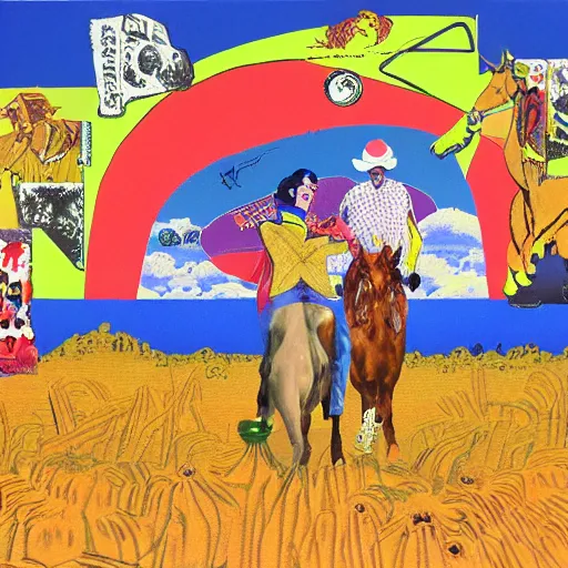 Prompt: Bodacious cowboys such as your friends will never be welcome here high in the clusterdome, mixed media, by Tadanori Yokoo