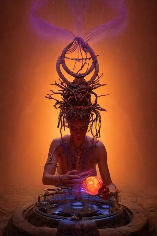 Image similar to a centered render of a wise and mystical tribal shaman brewing a cauldron that summons the souls of ancestors past is surrounded by ethereal lights and fractal geometry, cinematic, beautifully lit, by artgerm, by beeple, by karol bak, by donato giancola, 3 d, trending on artstation, octane render, 8 k