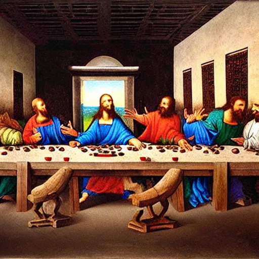 Image similar to a splay-paint graffiti art of The Last Supper by Da Vinci