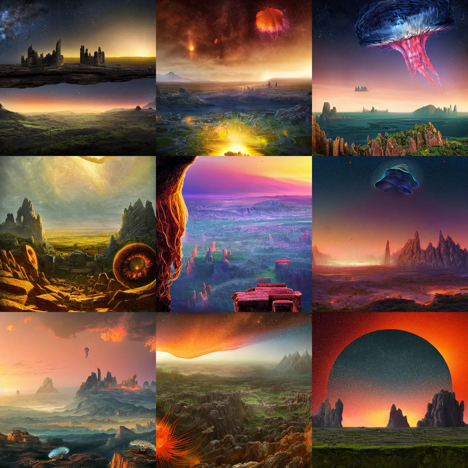 Prompt: digital art perspective shot from a ledge high in the air of a massive varied and ancient fantasy landscape, ruins and cities in the distance, jagged mountains in the background at the edges of the landscape, centered on a bright orange gigantic jellyfish hovering in the distant twilight sky in the middle of the frame, illuminated stars and galaxies, verdant field in the foreground
