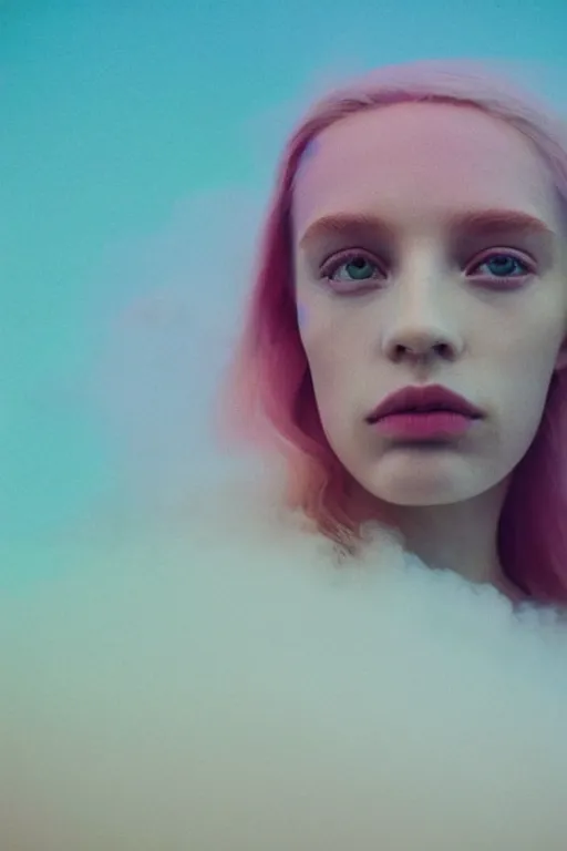 Image similar to high quality pastel coloured film close up wide angle photograph of a model wearing clothing resting on cloud furniture in a icelandic black rock!! environment in a partially haze filled dreamstate world. three point light, rainbow. photographic production. art directed. pastel colours. volumetric clouds. pastel gradient overlay. waves glitch artefacts. extreme facial clarity. 8 k. filmic.