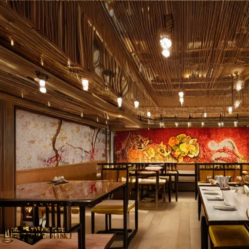 Prompt: a beautiful hyperdetailed interior 4 k hd wallpaper illustration of roasted string hotpot restaurant restaurant yan'an, corner, simple style, wall painting, from china, with merchant logo, fine delicate structure, surrealistic, chinese style, victo ngai