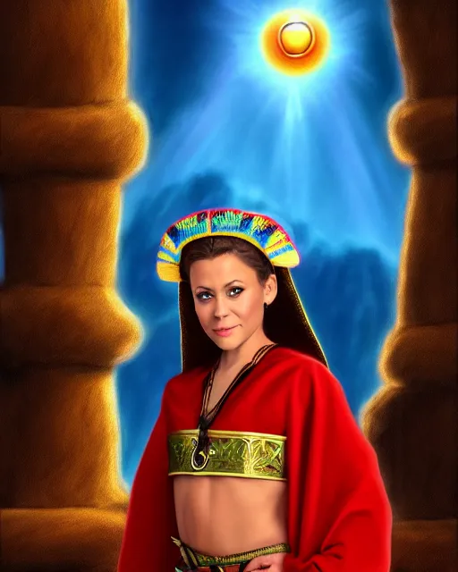 Image similar to charming young alyssa milano as an inca priest, by don bluth, fantasy environment, highly detailed, dynamic shadows, 4 k, wallpaper - 1 0 2 4