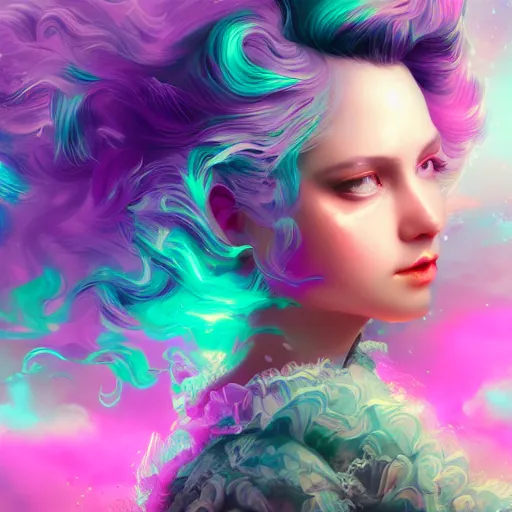 Prompt: Beautiful rococo victorian princess, cyberpunk vapor wave glitch wave art, 4k digital illustration by artgerm, wlop, medium close up shot, artstation, 8k resolution, soft focus