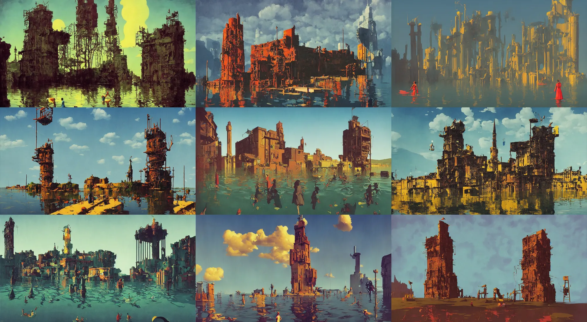 Prompt: flooded ancient colorful surreal tower, very coherent high contrast!! painting by stalenhag spitzweg magritte syd mead norman rockwell edward hopper james gilleard, dark shadows, sunny day, triadic color scheme, hard lighting, masterpiece