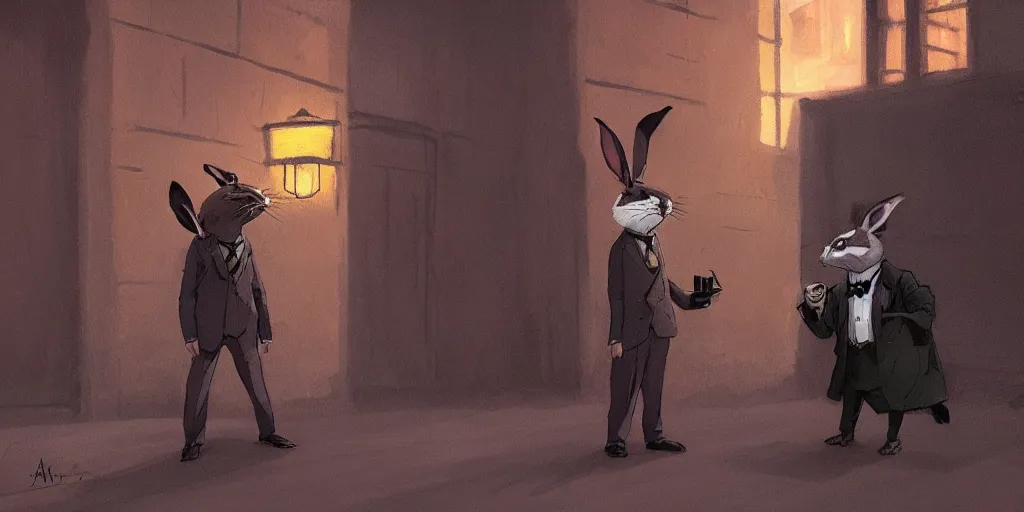 Image similar to rabbit wearing a tie is talking to a well dressed raccoon in a dark alley, warm color palette, night time, dramatic lighting, noir film, character sheet, fine details, high contrast, blacksad, kim jung gi, greg rutkowski, trending on artstation, 8 k, front view, back view, ultra wide angle