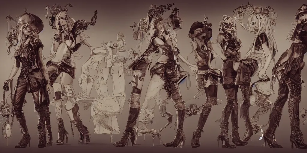 Prompt: steampunk britney spears, character sheet, concept design, contrast, kim jung gi, greg rutkowski, zabrocki, karlkka, jayison devadas, trending on artstation, 8 k, ultra wide angle, pincushion lens effect