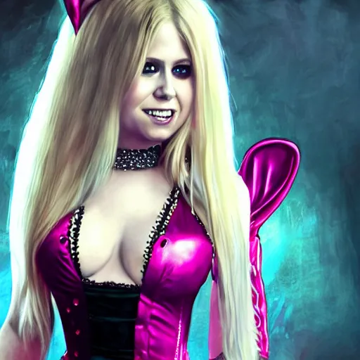 Image similar to detailed photograph of avril lavigne wearing a playboy bunny outfit with stockings, 8 k, by greg rutkowski, artgerm, global illumination