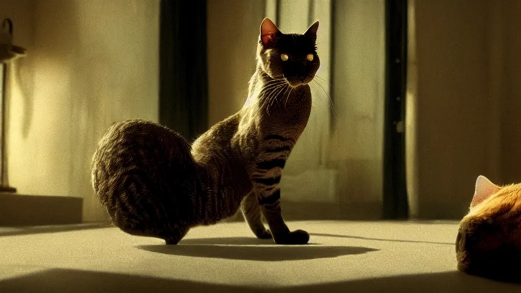 Image similar to the forbidden cat, film still from the movie directed by denis villeneuve and david cronenberg with art direction by salvador dali, wide lens