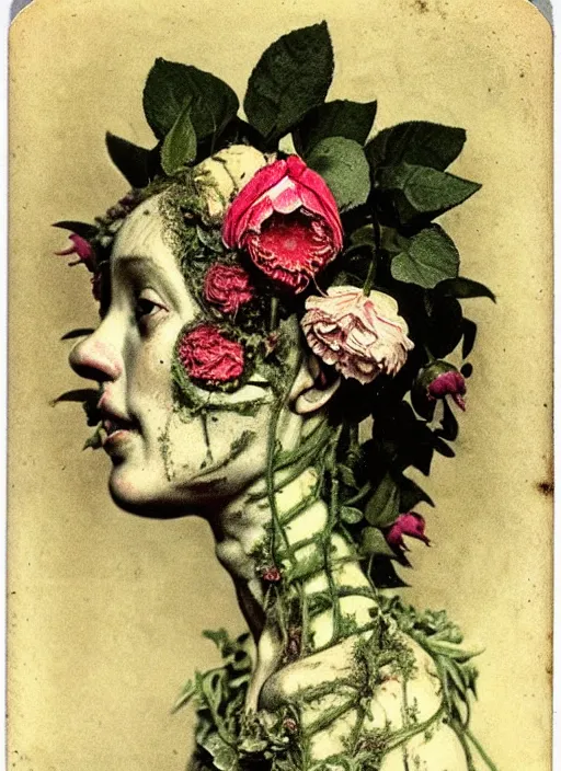 Image similar to beautiful and detailed rotten woman made of plants and many types of stylized flowers like carnation, chrysanthemum, roses and tulips, ornamentation, rococo, intricate, surreal, john constable, guy denning, gustave courbet, caravaggio, romero ressendi 1 9 1 0 polaroid photo