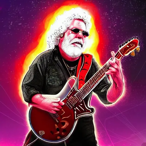 Image similar to a Jerry Garcia guitarist playing so intensely there is electricity shooting out from his guitar, energy beams under his finger tips, and magic sparkles from the freboard, amazing ditial art, trending on artstation, featured on deviantart