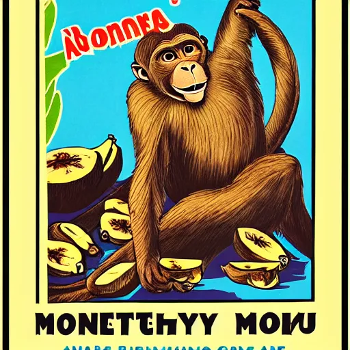 Image similar to propaganda poster of a monkey in front of a large pile of bananas, illustration, highly detailed