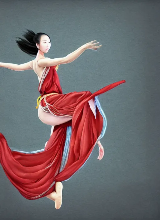 Image similar to full body portrait of a dancer throwing silk belts, feet, barefoot, full body, tanned, vivacious, athletic, hanfu, chinese ribbon dance, wide ribbons, silk belt, wuxia, martial arts, ming dynasty, detailed, realistic face, anatomically accurate, fantasy illustration, dnd, deviantart, artstation, wlop.