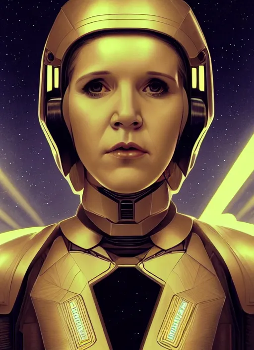 Image similar to symmetry!! portrait of young carrie fisher, gold sci - fi armour, tech wear, glowing lights!! sci - fi, intricate, elegant, highly detailed, digital painting, artstation, concept art, smooth, sharp focus, illustration, art by artgerm and greg rutkowski and alphonse mucha