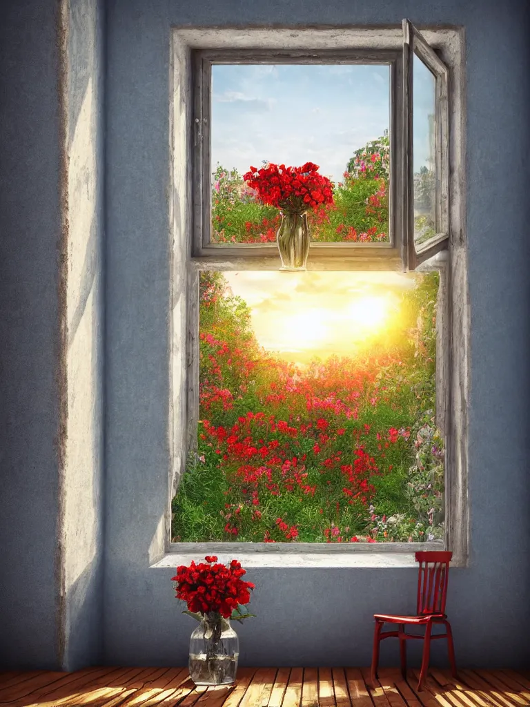 Image similar to a old house window with a vase of red flowers with view to a sunrise, blue wall, a wooden chair near the window, concept art, octane render, unreal engine 5, trending on deviantart, highly detailed, high quality, hd, digital painting, masterpiece, geometric, symmetrical, low contrast, beautiful, serene landscape, high coherence, natural lighting