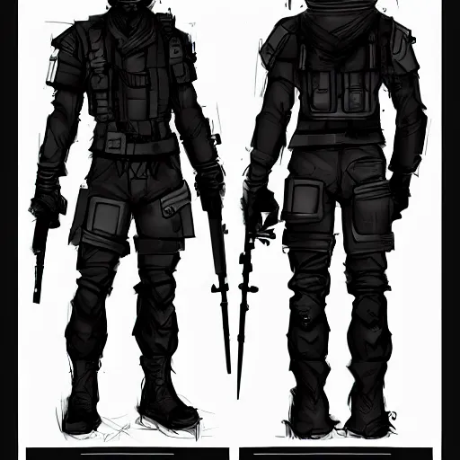 Image similar to ryan church jon mccoy concept art sketch cyberpunk solider black cloth character reference sheet