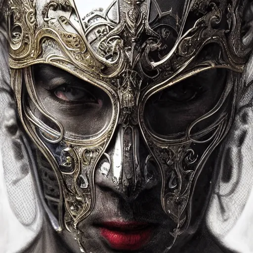 Image similar to Very very very very highly detailed epic portrait photo of face with venetian mask, intricate, dystopian, sci-fi, extremely detailed, digital painting, artstation, concept art, smooth, sharp focus, illustration, intimidating lighting, incredible art by Tokujin Yoshioka and Anton Pieck