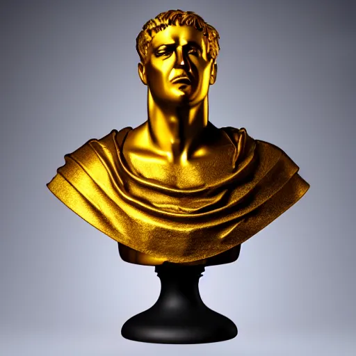 Prompt: a realistic render of a distorted golden Roman bust, high contrast lighting, 4k, concept art