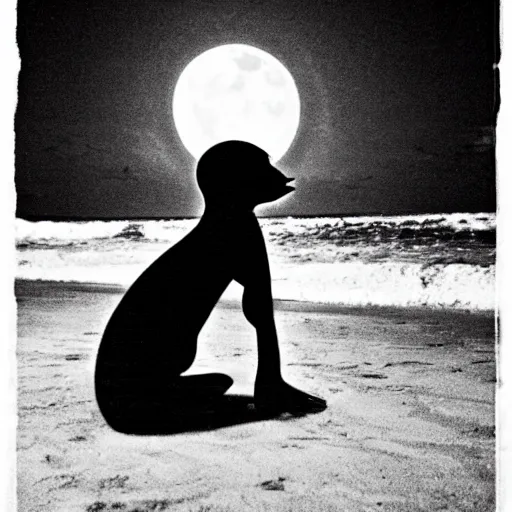 Image similar to nosferatu sunbathing at the beach at night time, full moon