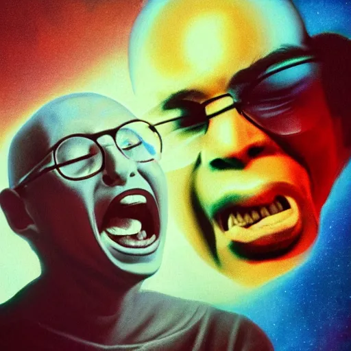 Prompt: Anthony Fantano taking a selfie of himself screaming at the Dark Side of the Moon album cover, 8k resolution, realistic, HD Quality, digital art, trending on artstation