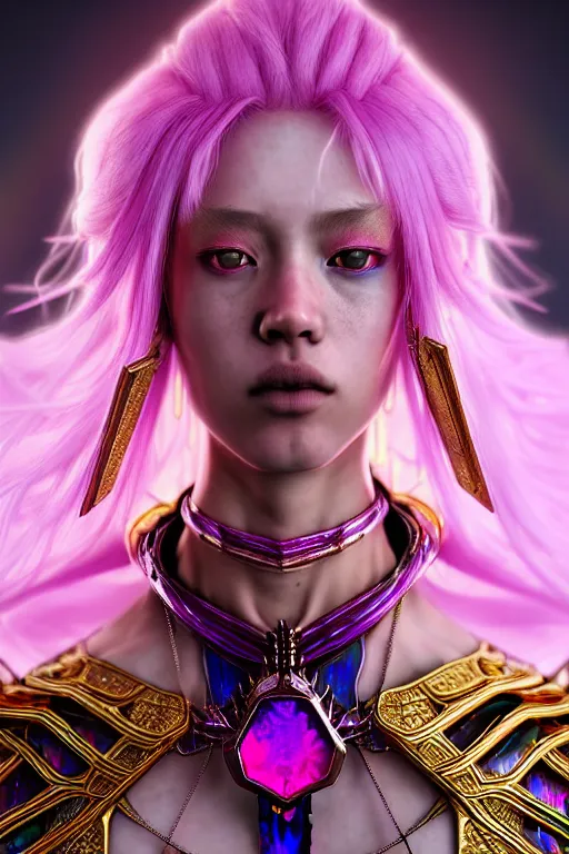 Prompt: hyperdetailed portrait of a stunningly beautiful pink female androgynous wizard guard made of iridescent metals and shiny purple gems, bright rainbow nimbus, golden necklace, inspired by ross tran and wlop and masamune shirow and kuvshinov, concept art, intricate, photorealistic, octane render, rtx, hdr, unreal engine, dnd digital art by artgerm