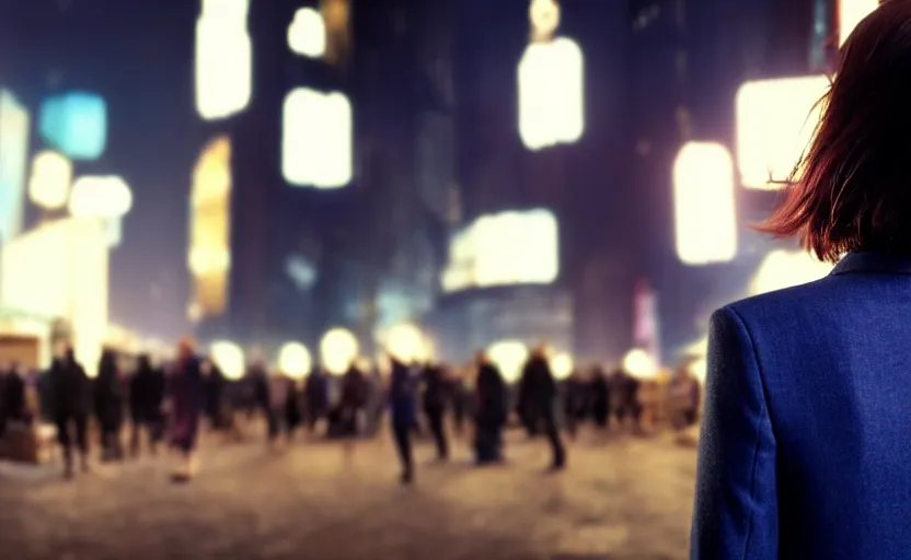 Prompt: a wide shot of a woman with a wool suit, short dark hair, blurred face, wearing an omega speedmaster on her wrist in front of a crowded dystopian city at night with cyberpunk lights