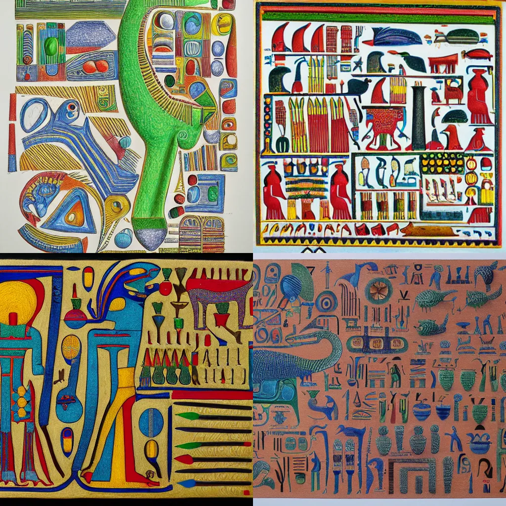 Prompt: peaople and animals made of, surrealist, abstract, Hatching, flexible character code, acoustic information, hieroglyphs, repetition, complex system of order, building plans, scores, circuits, cartography, medium: colored pencil