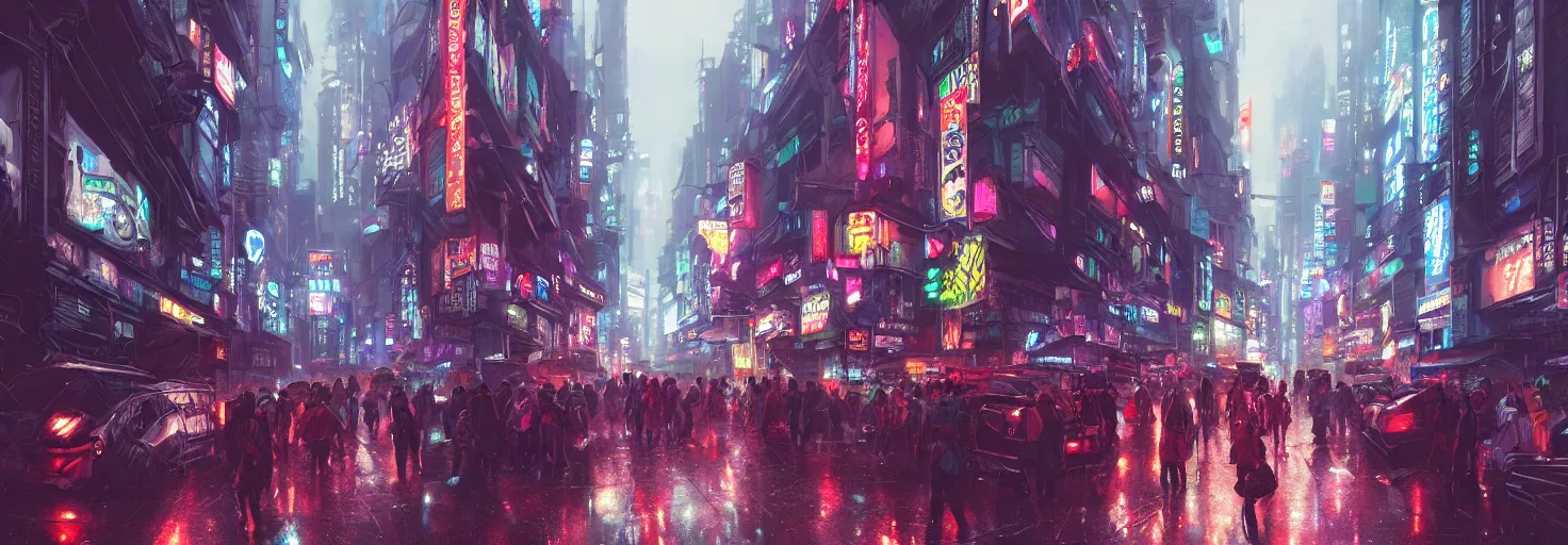 Image similar to overly crowded street of a cyberpunk city, rain, harsh neon lights, highly detailed, digital painting, trending on artstation, concept art, sharp focus, illustration, art by artgerm and greg rutkowski and magali villeneuve