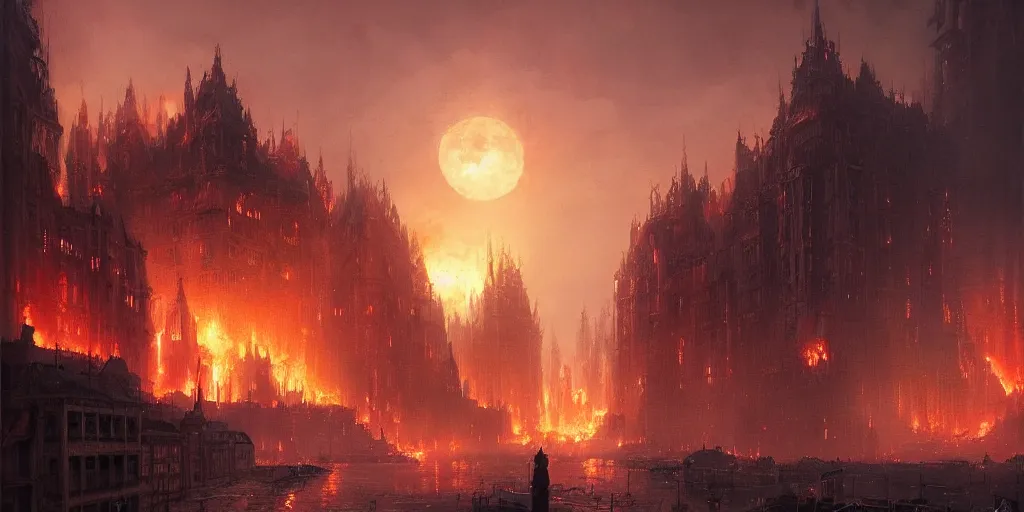 Image similar to A fantasy city completely covered in fire, rising smoke, dark fantasy, nighttime, detailed crimson moon, hyper realistic, by greg rutkowski, trending on artstation