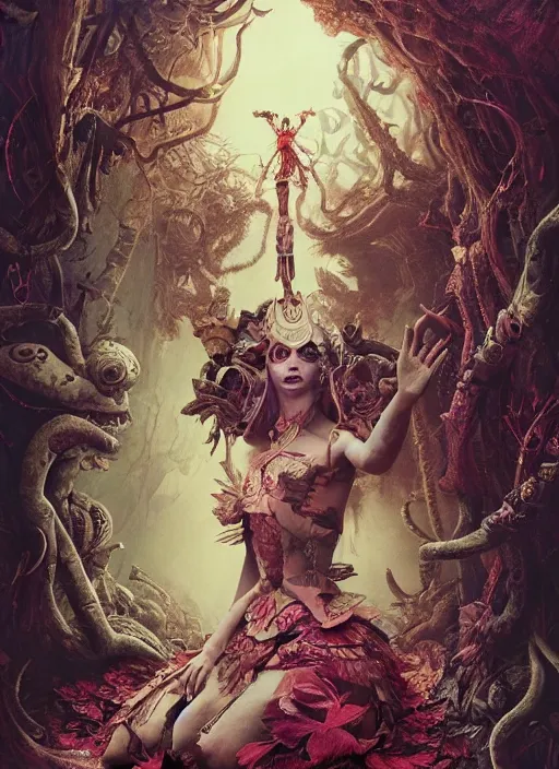 Image similar to alice in wonderland, aztec god, highly detailed, cinematic, 8 k, by megan duncanson, benjamin lacombe, adrian borda, stanley artgermm, tom bagshaw, craig mullins, carne griffiths, ayami kojima, beksinski, giger, trending on deviantart, hyper detailed, horror, full of colour